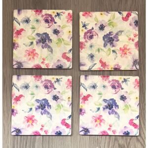 The Spring Shop Coasters Set of 4 Floral Pink Purple Blue Ceramic Cork Back